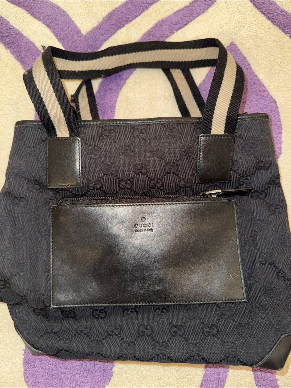 Gucci Black Canvas Tote with Striped Web Handles